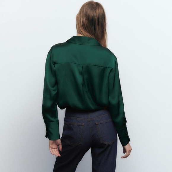 Zara Womens Satin Effect Shirt- Dark Green Button Down Blouse- Size Medium - Picture 6 of 16